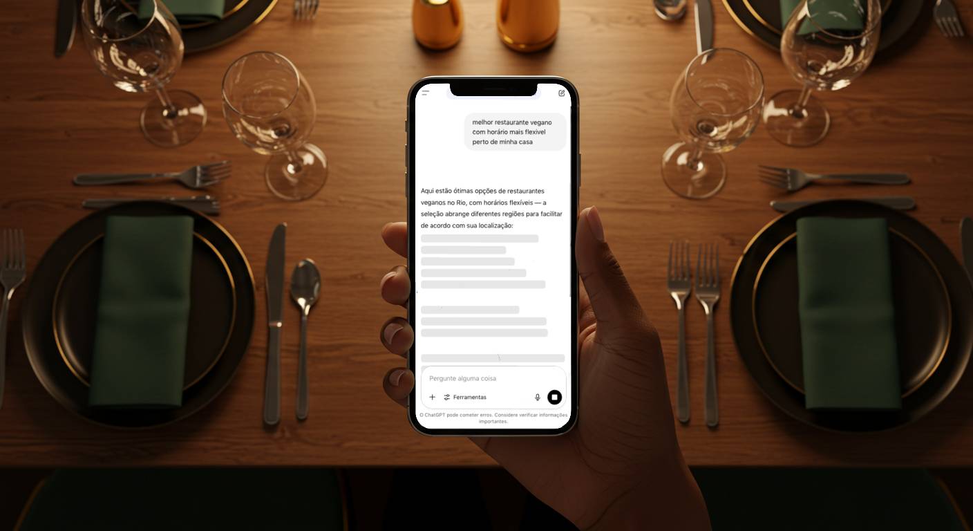 Mão segurando celular com busca por IA para restaurantes, destacando automação comercial e cardápio digital..”