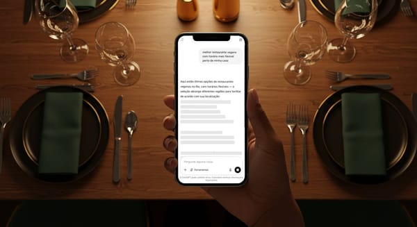 Mão segurando celular com busca por IA para restaurantes, destacando automação comercial e cardápio digital..”